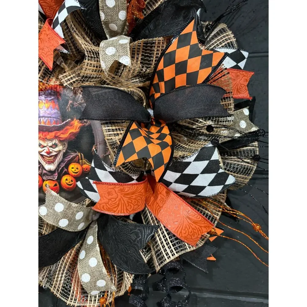 Halloween Wreath For Front Door Scary Clown Orange and Black Handmade 28 in